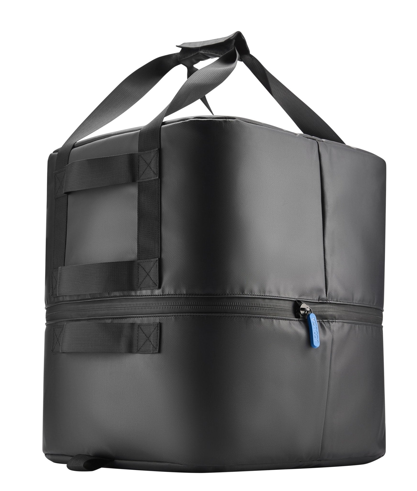 GottaGo carry bag closed, from an angle, showing the blue zip pull