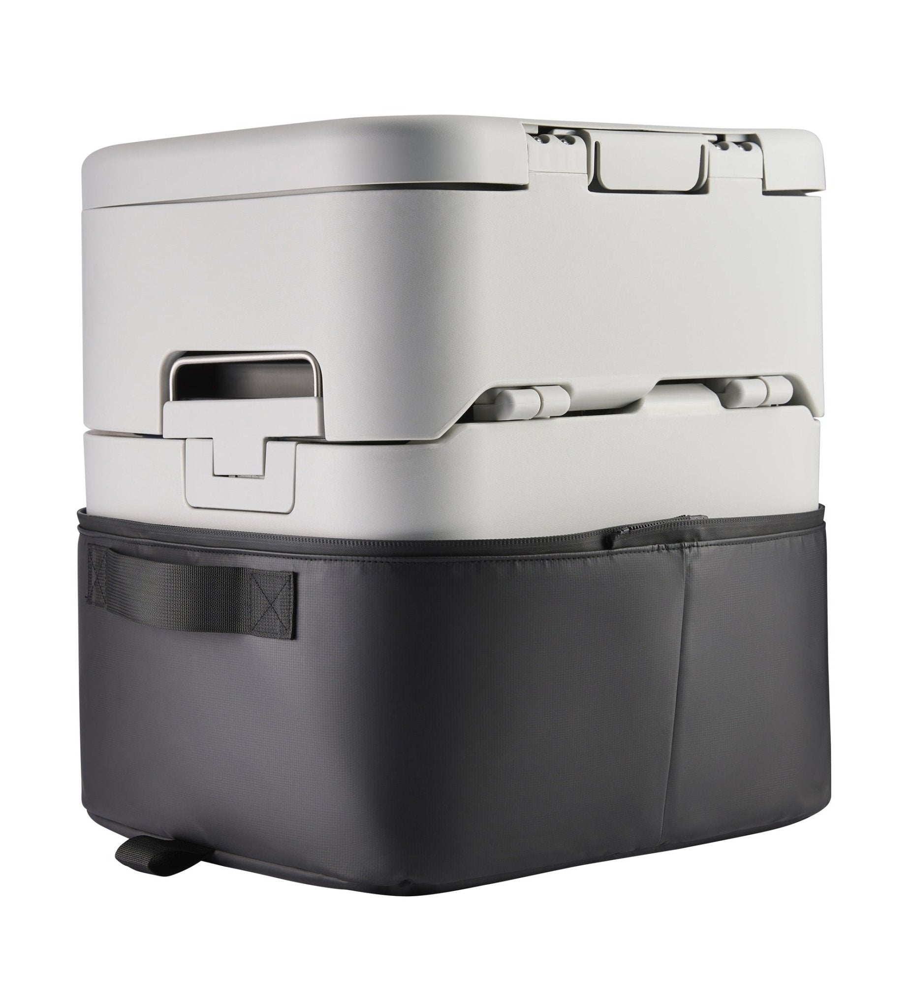 GottaGo toilet in the lower half of its carry bag, from the front