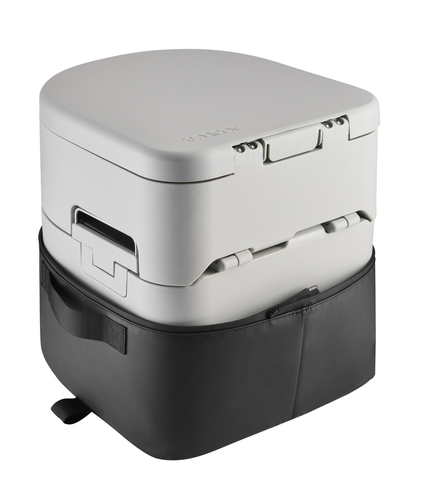 GottaGo toilet in the lower half of its carry bag, from an angle
