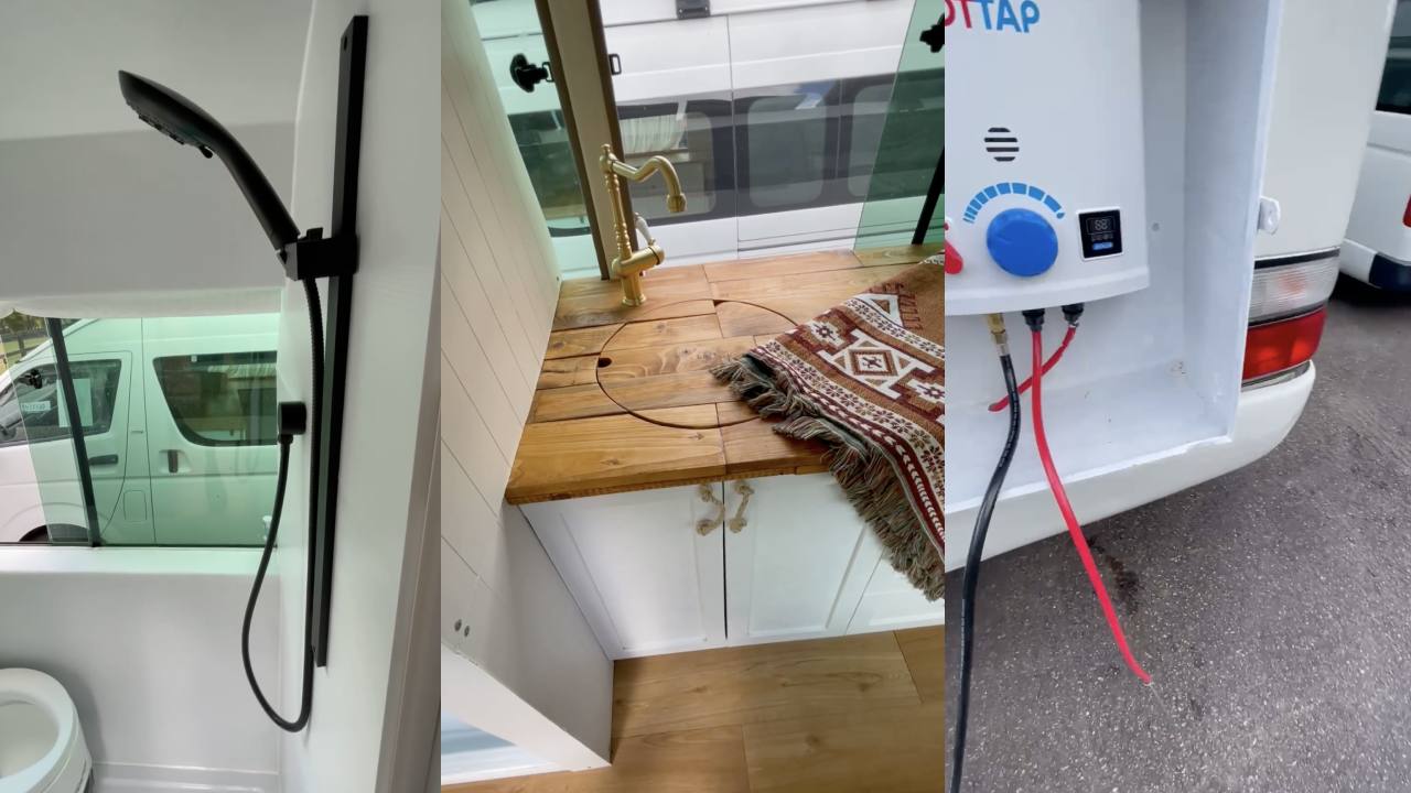 Shower and timber sink fitted inside a Toyota Coaster bus, with a HOTTAP mounted outside