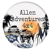 Round logo featuring two off-road vehicles driving on rocky terrain with a sunset background, palm trees on the left, and mountains on the right, with the text "Allen Adventures 4x4" centered at the top.