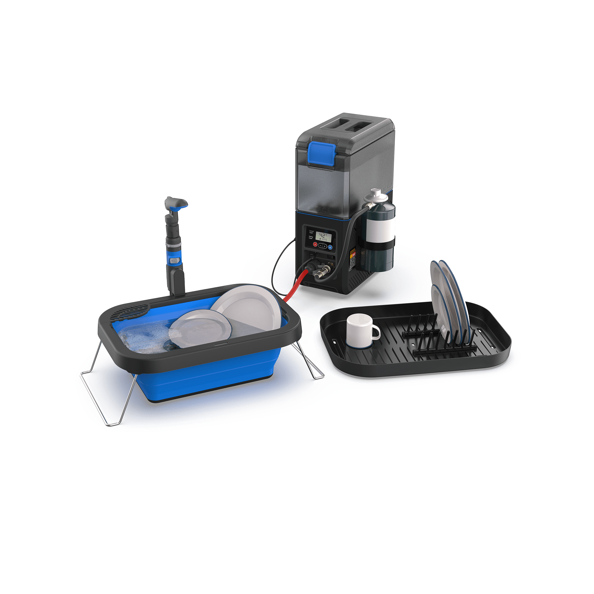 Joolca Flexi Sink and dish drainer rack set up next to a HOTTAP Go portable water heater for outdoor washing up