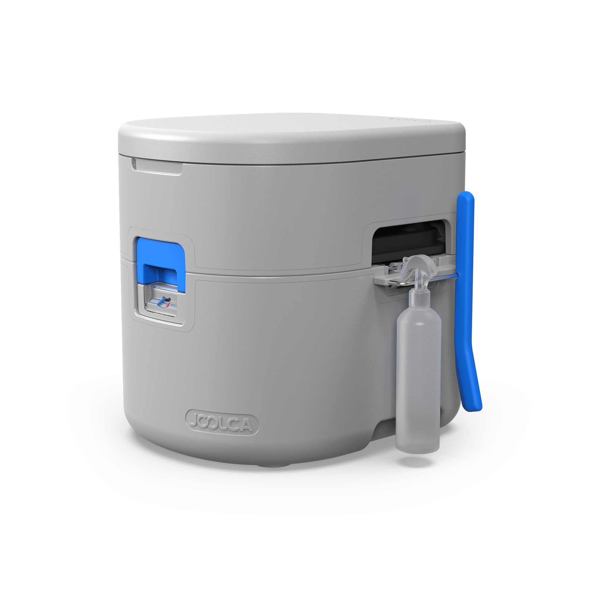 GottaGo portable toilet with blue handle and waste bottle attachment