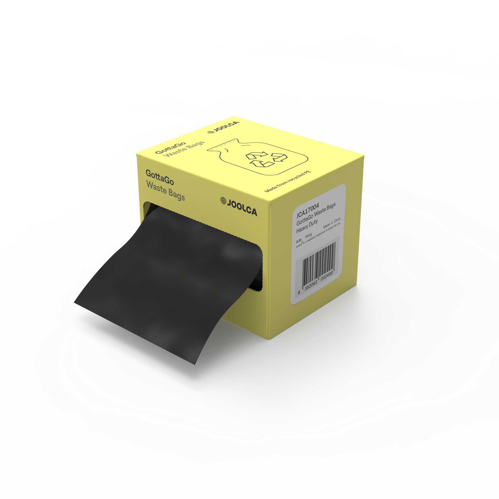 GottaGo Waste Bags heavy duty yellow dispenser box with a black bag pulled out of the front slot