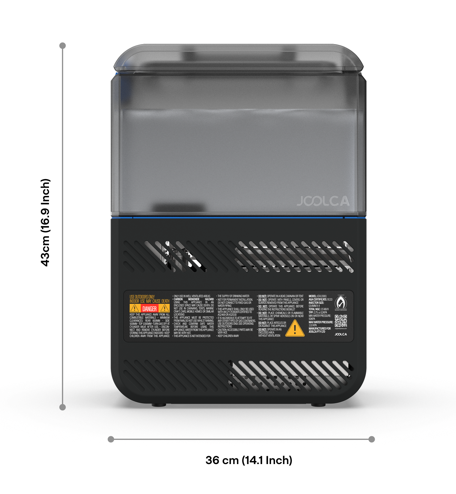 Compact rectangular camping hot water system with a translucent upper water tank and black vented lower section, showing safety and usage labels on the front.